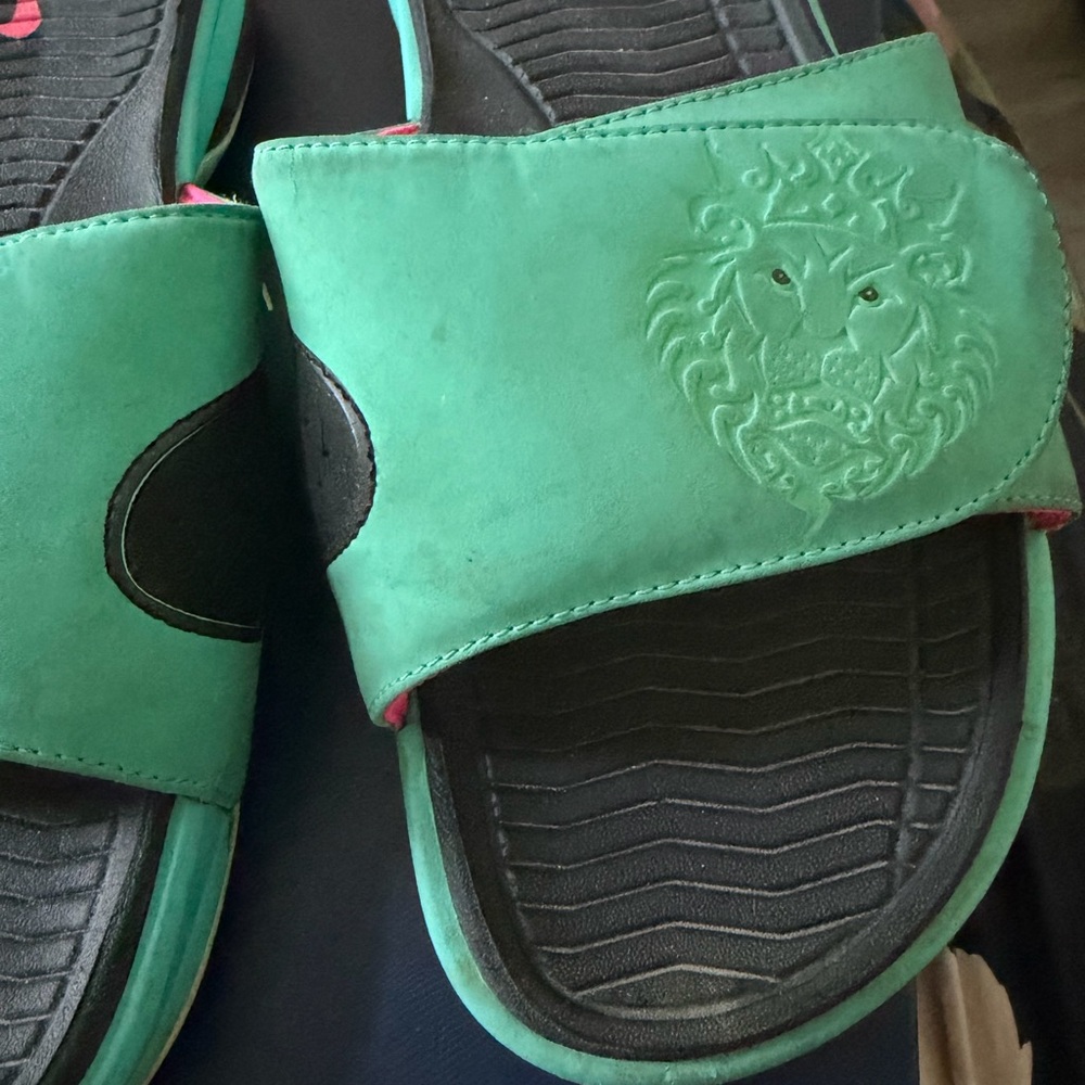 Green Slide Sandals with Lion Emblem